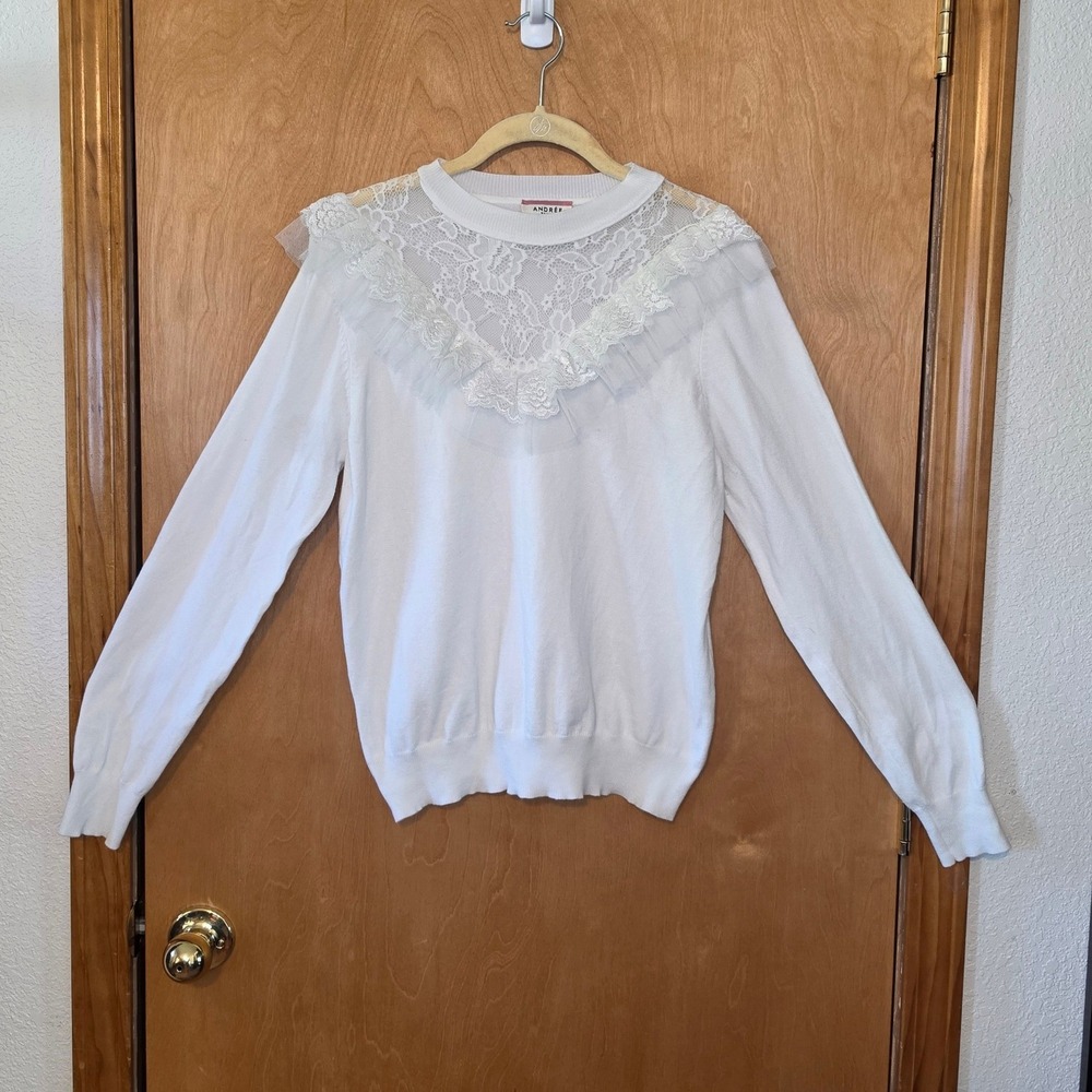 Andree By Unit White Knit Lace Sweater Top Romantic Cottagecore Womens Size S